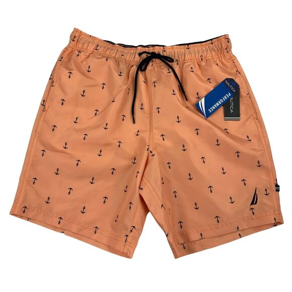 Nautica Mens Anchor Patterned Mesh-Lined Swim Trunks Peach Orange S - Picture 1 of 4